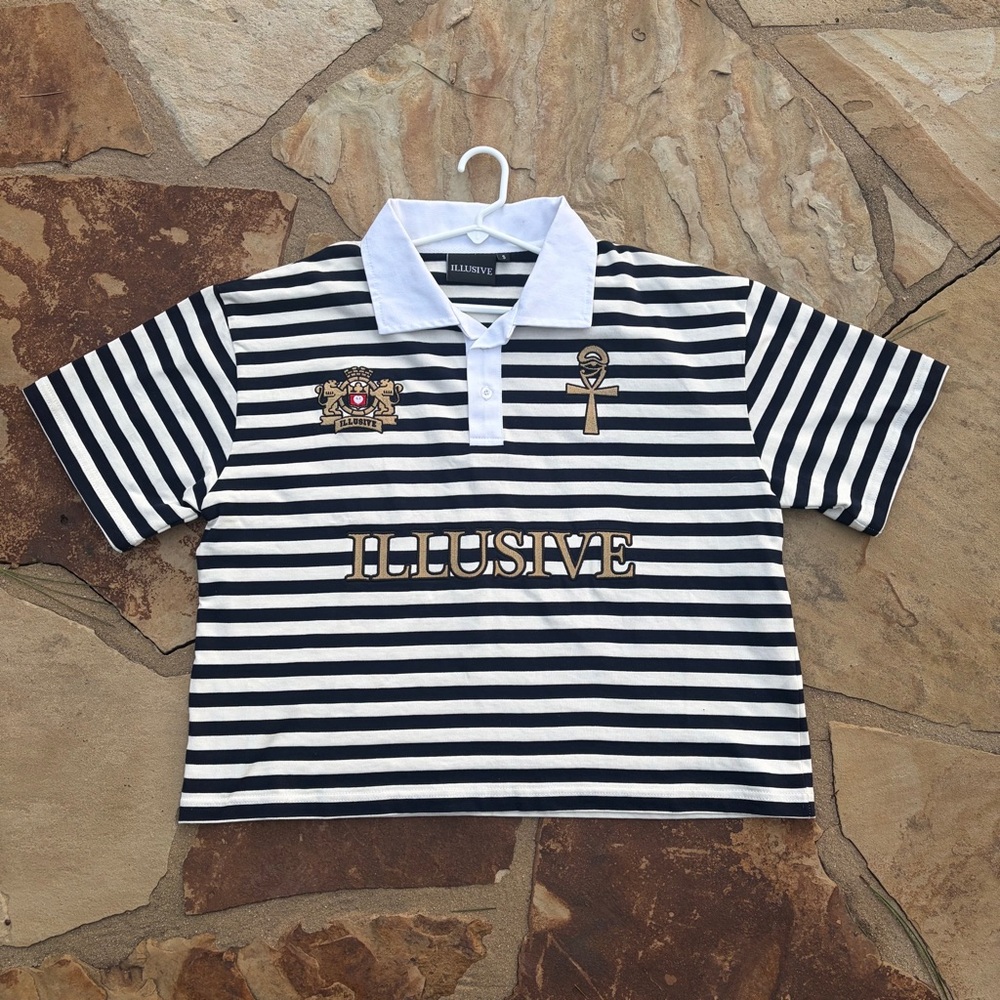Illusive Studios Navy and White Striped Polo Shirt